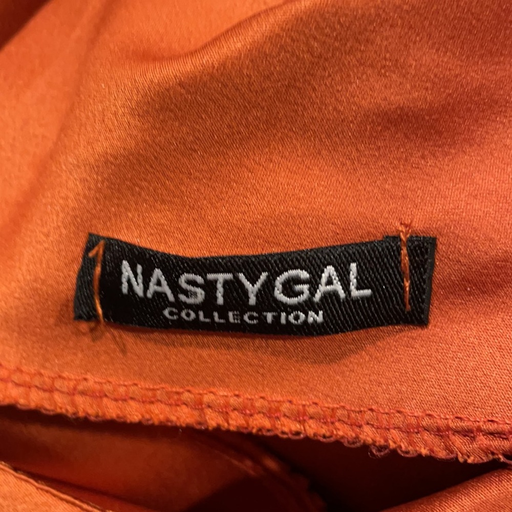 Pretty burnt orange silky spaghetti strap dress with two side slits going up leg - Picture 8 of 9